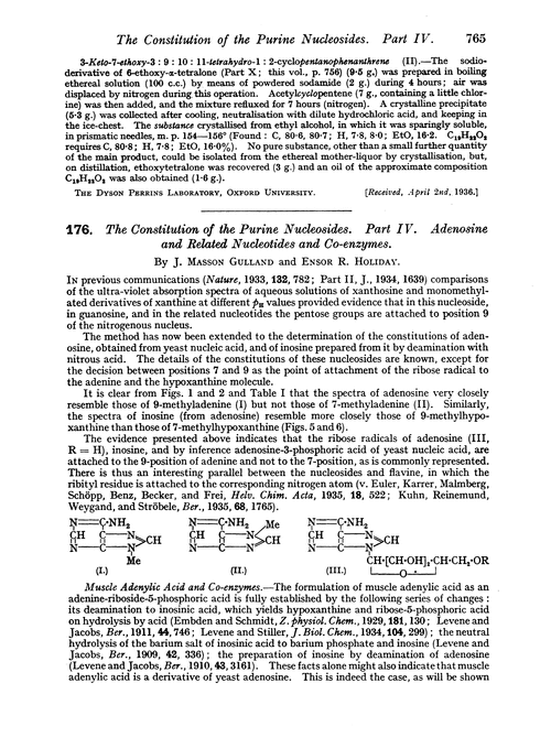 176. The constitution of the purine nucleosides. Part IV. Adenosine and related nucleotides and co-enzymes