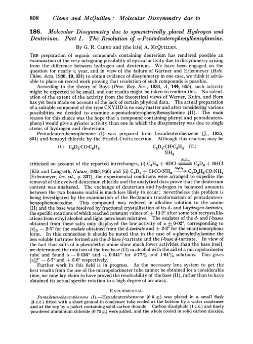 186. Molecular dissymmetry due to symmetrically placed hydrogen and deuterium. Part I. The resolution of α-pentadeuterophenylbenzylamine
