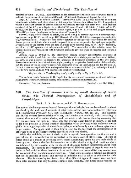 188. The detection of reaction chains by small amounts of nitric oxide. The thermal decomposition of acetaldehyde and of propaldehyde