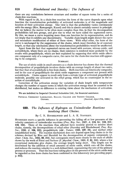 189. The influence of hydrogen on unimolecular reactions involving short chains