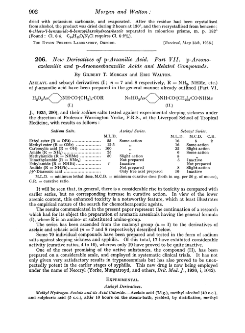 206. New derivatives of p-arsanilic acid. Part VII. p-Arsono-azelanilic and p-arsonosebacanilic acids and related compounds
