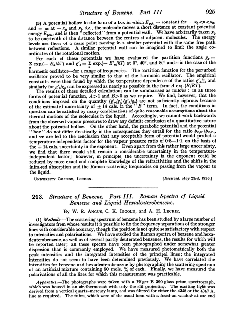 213. Structure of benzene. Part III. Raman spectra of liquid benzene and liquid hexadeuterobenzene