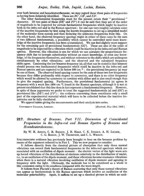 217. Structure of benzene. Part VII. Discussion of coincidental frequencies in the infra-red and Raman spectra of benzene and hexadeuterobenzene