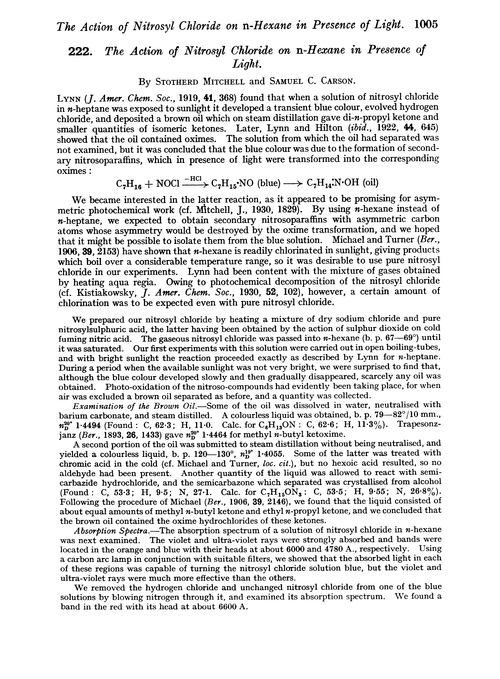 222. The action of nitrosyl chloride on n-hexane in presence of light