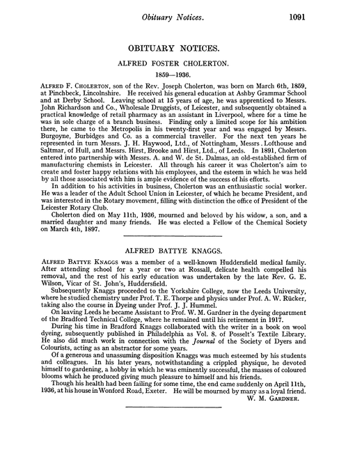 Obituary notices: Alfred Foster Cholerton, 1859–1936; Alfred Battye Knaggs; Theophilus Henry Lee, 1873–1926; Thomas Henry Pope, 1875–1936; Charles Edward Potter, 1862–1935; Frank Scudder, 1862–1936; William Stevenson, 1858–1936; Philip Lewington Whitehouse, 1874–1936