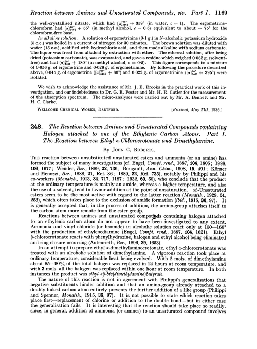 248. The reaction between amines and unsaturated compounds containing halogen attached to one of the ethylenic carbon atoms. Part I. The reaction between ethyl α-chlorocrotonate and dimethylamine