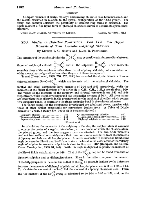 253. Studies in dielectric polarisation. Part XIX. The dipole moments of some aromatic sulphonyl chlorides