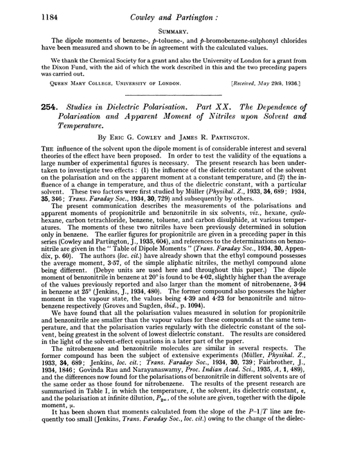 254. Studies in dielectric polarisation. Part XX. The dependence of polarisation and apparent moment of nitriles upon solvent and temperature