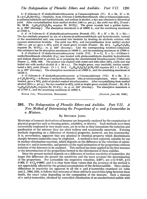 261. The halogenation of phenolic ethers and anilides. Part VII. A new method of determining the proportions of o- and p-isomerides in a mixture