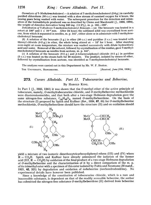 273. Curare alkaloids. Part II. Tubocurarine and bebeerine