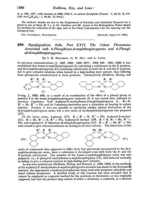299. Styrylpyrylium salts. Part XVII. The colour phenomena associated with 4-phenylbenzo-β-naphthaspiropyrans and 4-phenyl-αβ-dinaphthaspiropyrans