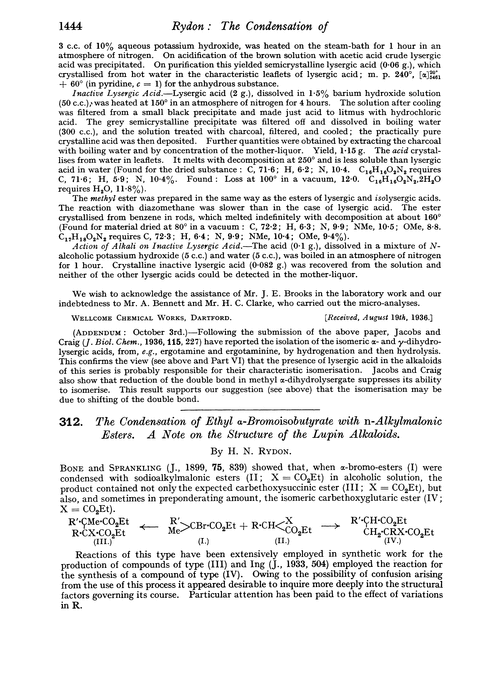 312. The condensation of ethyl α-bromoisobutyrate with n-alkylmalonic esters. A note on the structure of the lupin alkaloids