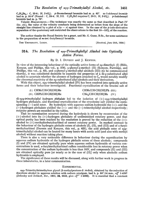 314. The resolution of αγγ-trimethylallyl alcohol into optically active forms