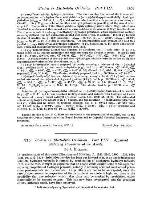 315. Studies in electrolytic oxidation. Part VIII. Apparent reducing properties of an anode