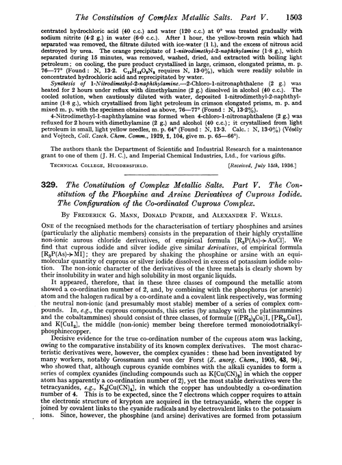 329. The constitution of complex metallic salts. Part V. The constitution of the phosphine and arsine derivatives of cuprous iodide. The configuration of the co-ordinated cuprous complex