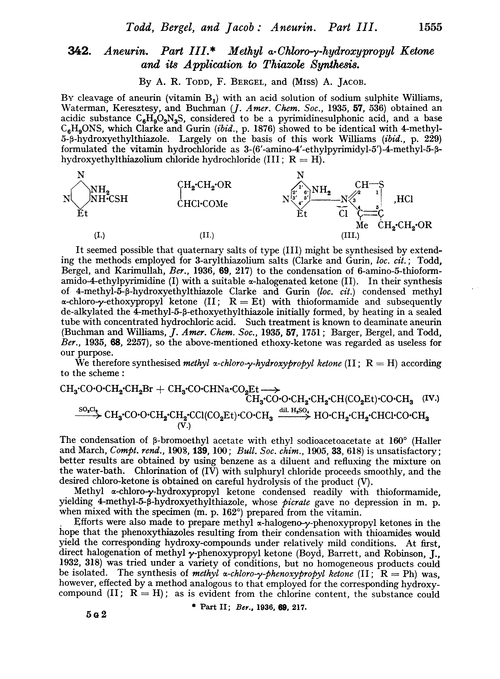 342. Aneurin. Part III. Methyl α-chloro-γ-hydroxypropyl ketone and its application to thiazole synthesis