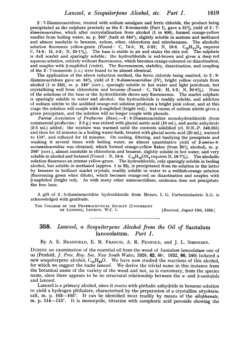 358. Lanceol, a sesquiterpene–alcohol from the oil of santalum lanceolatum. Part I