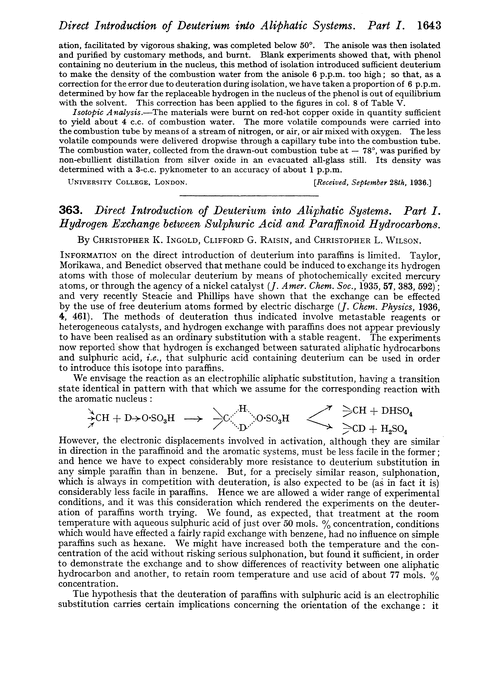 363. Direct introduction of deuterium into aliphatic systems. Part I. Hydrogen exchange between sulphuric acid and paraffinoid hydrocarbons