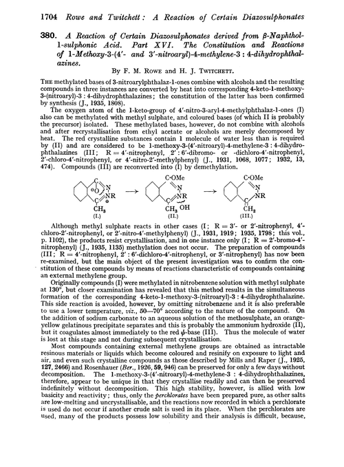 380. A reaction of certain diazosulphonates derived from β-naphthol-1-sulphonic acid. Part XVI. The constitution and reactions of 1-methoxy-3-(4′- and 3′-nitroaryl)-4-methylene-3 : 4-dihydrophthalazines