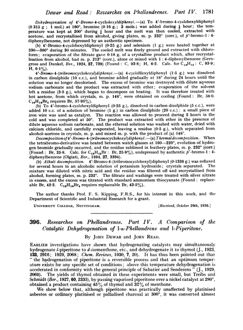 396. Researches on phellandrenes. Part IV. A comparison of the catalytic dehydrogenation of l-α-phellandrene and l-piperitone