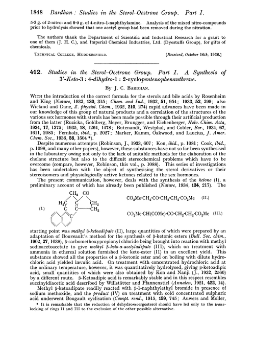 412. Studies in the sterol–oestrone group. Part I. A synthesis of 3′-keto-3 : 4-dihydro-1 : 2-cyclopentenophenanthrene.