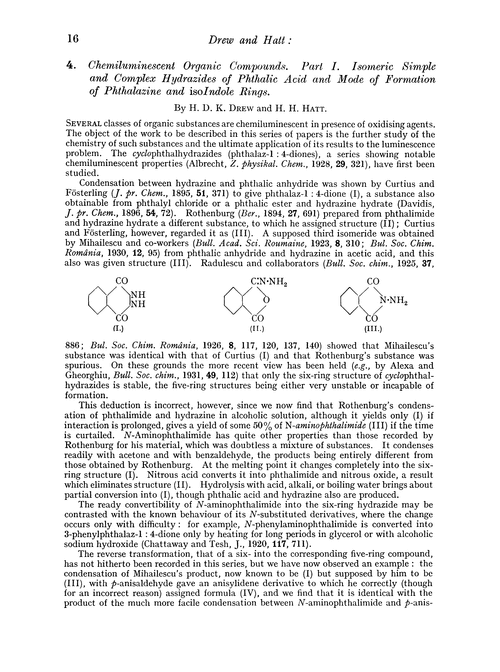 4. Chemiluminescent organic compounds. Part I. Isomeric simple and complex hydrazides of phthalic acid and mode of formation of phthalazine and isoindole rings