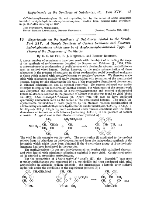 13. Experiments on the synthesis of substances related to the sterols. Part XIV. A simple synthesis of certain octalones and ketotetrahydrohydrindenes which may be of angle-methyl-substituted type. A theory of the biogenesis of the sterols