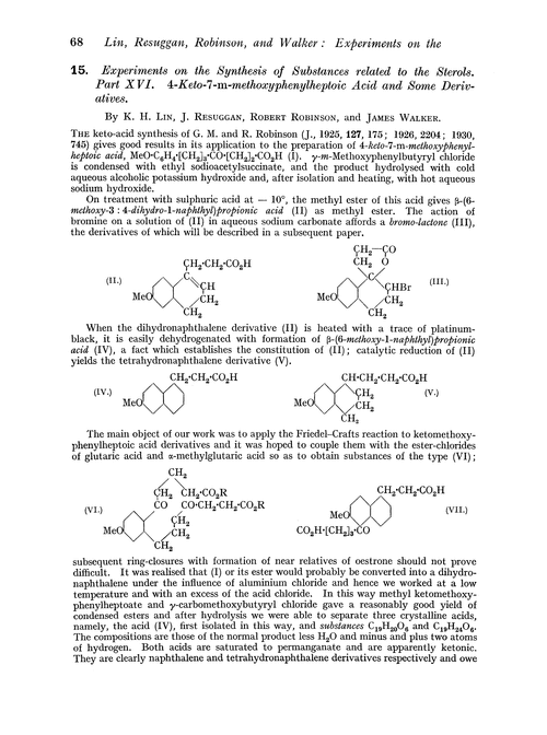 15. Experiments on the synthesis of substances related to the sterols. Part XVI. 4-Keto-7-m-methoxyphenylheptoic acid and some derivatives