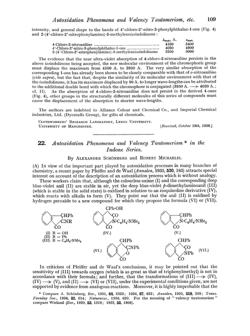 22. Autoxidation phenomena and valency tautomerism in the indone series