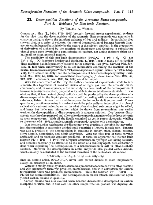 23. Decomposition reactions of the aromatic diazo-compounds. Part I. Evidence for non-ionic reaction