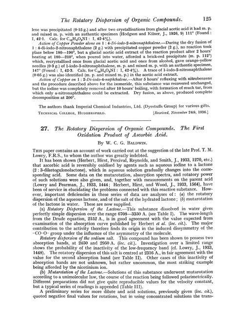27. The rotatory dispersion of organic compounds. The first oxidation product of ascorbic acid