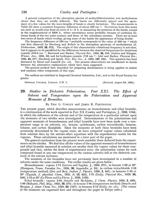 29. Studies in dielectric polarisation. Part XXI. The effect of solvent and temperature upon the polarisation and apparent moments of bromides