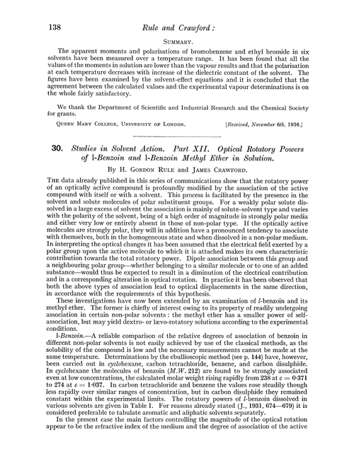30. Studies in solvent action. Part XII. Optical rotatory powers of l-benzoin and l-benzoin methyl ether in solution