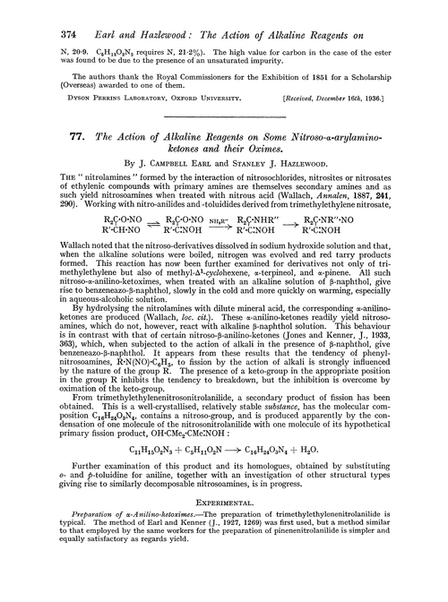 77. The action of alkaline reagents on some nitroso-α-arylaminoketones and their oximes