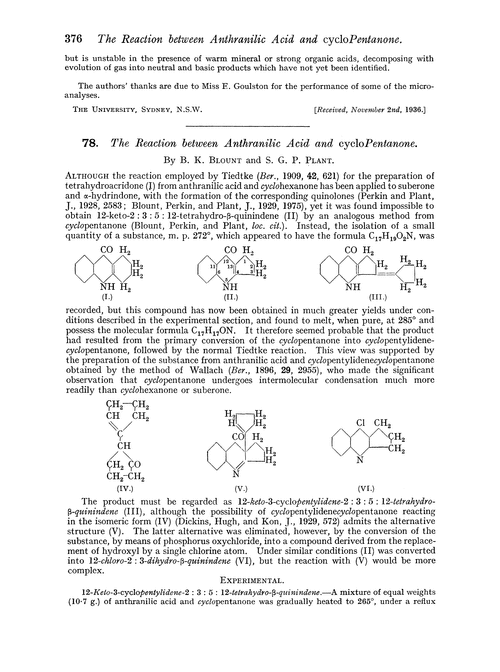 78. The reaction between anthranilic acid and cyclopentanone