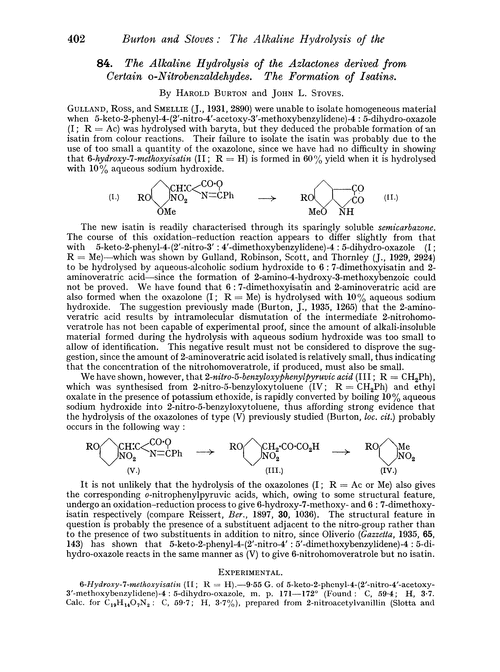 84. The alkaline hydrolysis of the azlactones derived from certain o-nitrobenzaldehydes. The formation of isatins