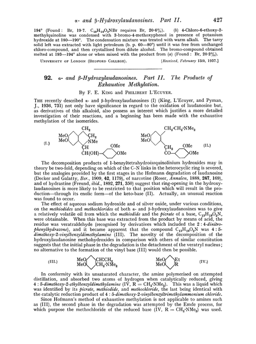 92. α- and β-Hydroxylaudanosines. Part II. The products of exhaustive methylation