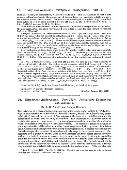 96. Nitrogenous anthocyanins. Part III. Preliminary experiments with betanidin