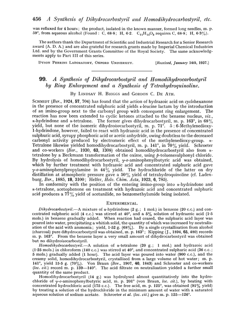 99. A synthesis of dihydrocarbostyril and homodihydrocarbostyril by ring enlargement and a synthesis of tetrahydroquinoline