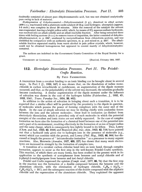 112. Electrolytic dissociation processes. Part II. The Friedel–Crafts reaction