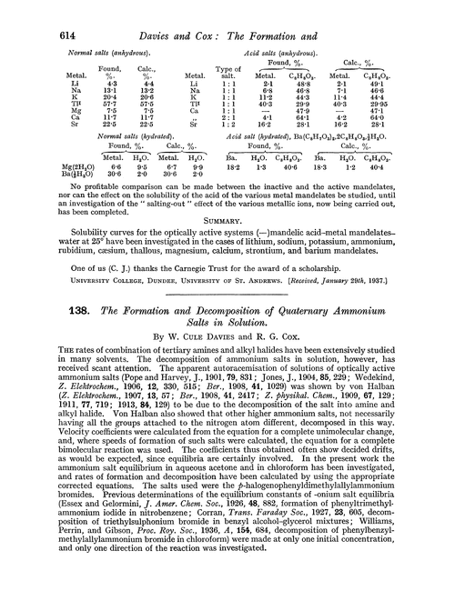 138. The formation and decomposition of quaternary ammonium salts in solution