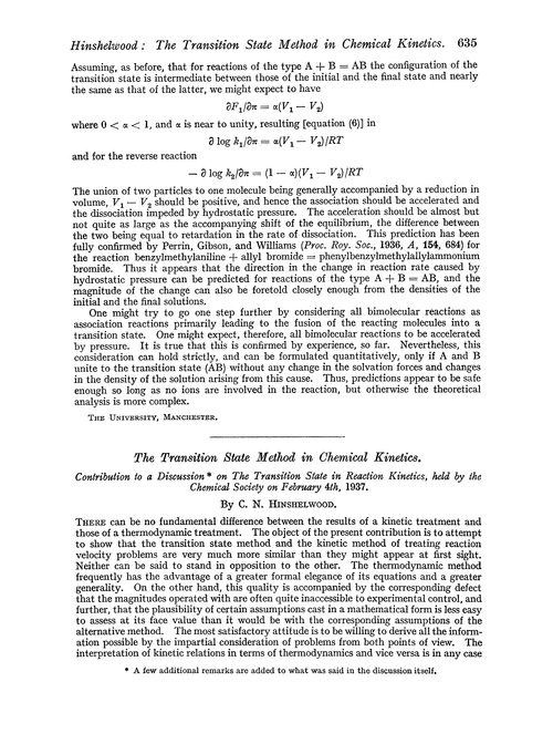 The transition state method in chemical kinetics