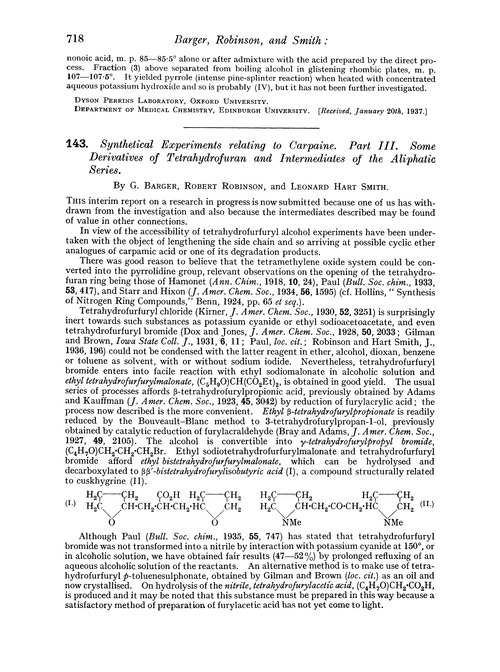 143. Synthetical experiments relating to carpaine. Part III. Some derivatives of tetrahydrofuran and intermediates of the aliphatic series