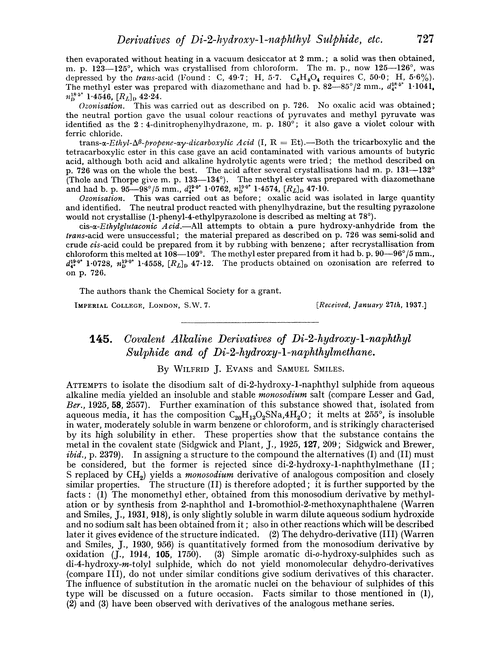 145. Covalent alkaline derivatives of di-2-hydroxy-1-naphthyl sulphide and of di-2-hydroxy-1-naphthylmethane