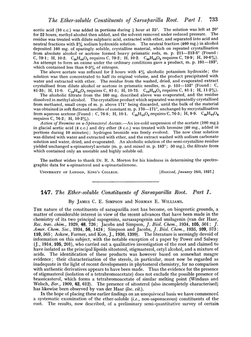 147. The ether-soluble constituents of sarsaparilla root. Part I