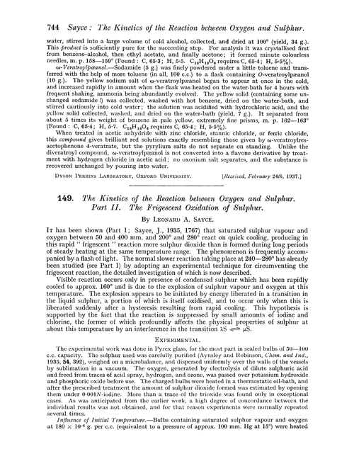 149. The kinetics of the reaction between oxygen and sulphur. Part II. The frigescent oxidation of sulphur