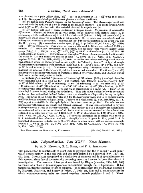 160. Polysaccharides. Part XXIV. Yeast mannan