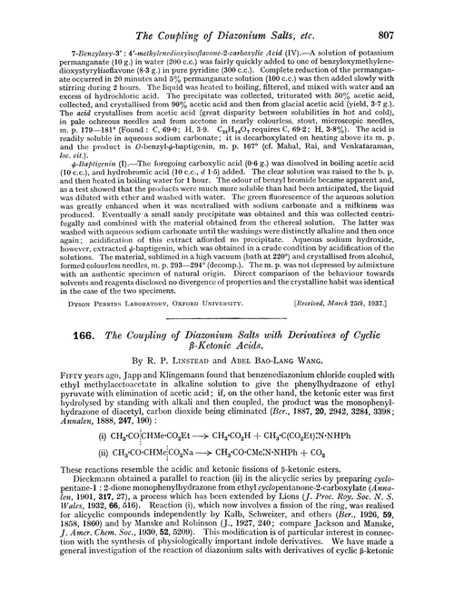 166. The coupling of diazonium salts with derivatives of cyclic β-ketonic acids