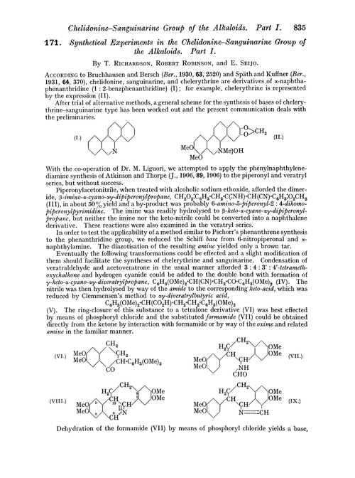 171. Synthetical experiments in the chelidonine–sanguinarine group of the alkaloids. Part I