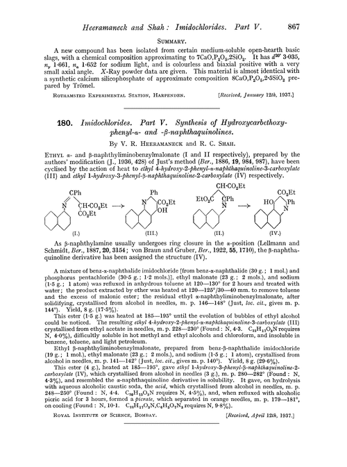 180 Imidochlorides Part V Synthesis Of Hydroxycarbethoxy Phenyl A And B Naphthaquinolines Journal Of The Chemical Society Resumed Rsc Publishing